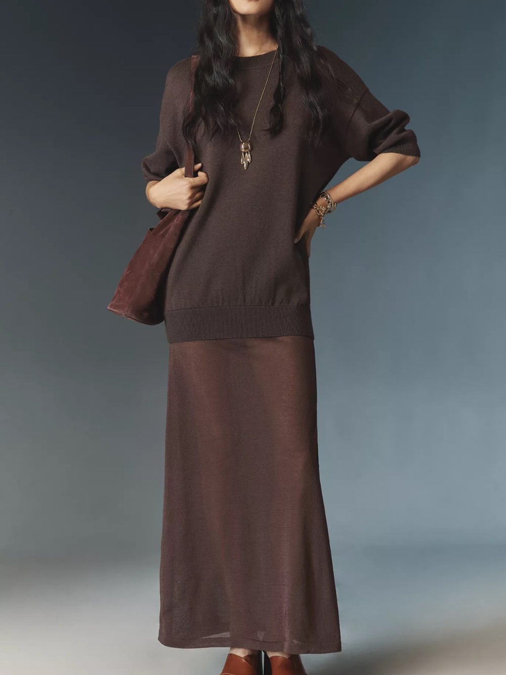 Ser.o.ya Seroya Arwen Knit Maxi Dress in Slate Brown sz XS